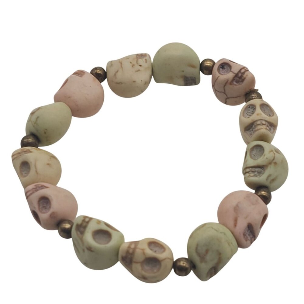 Skull Bead Stretch Bracelet Beige Pink Green Tones Pastel Halloween